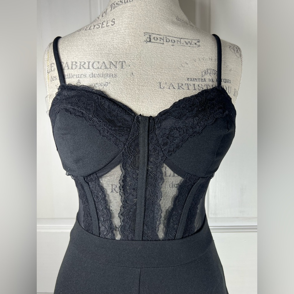 NWT Perfectly Sultry Black Sheer Mesh Bustier Wide-Leg Jumpsuit Size Small - Picture 5 of 9
